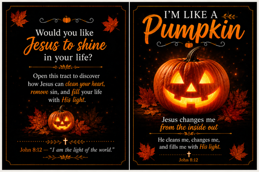 I am like a pumpkin Gospel tract shown on a black background. The left bible tract reads, 'Would you like Jesus to shine in your life?' with orange lettering, autumn leaves, and a small pumpkin illustration.