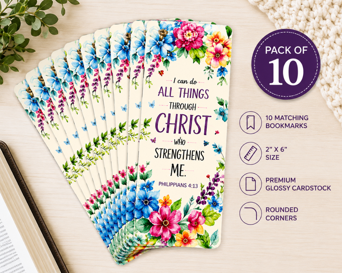 A fan of 10 Bible bookmarks with a floral design and the text 'I can do ALL THINGS THROUGH CHRIST who STRENGTHENS ME. PHILIPPIANS 4:13' on a light wood background, alongside a purple badge reading 'PACK OF 10' and feature icons.