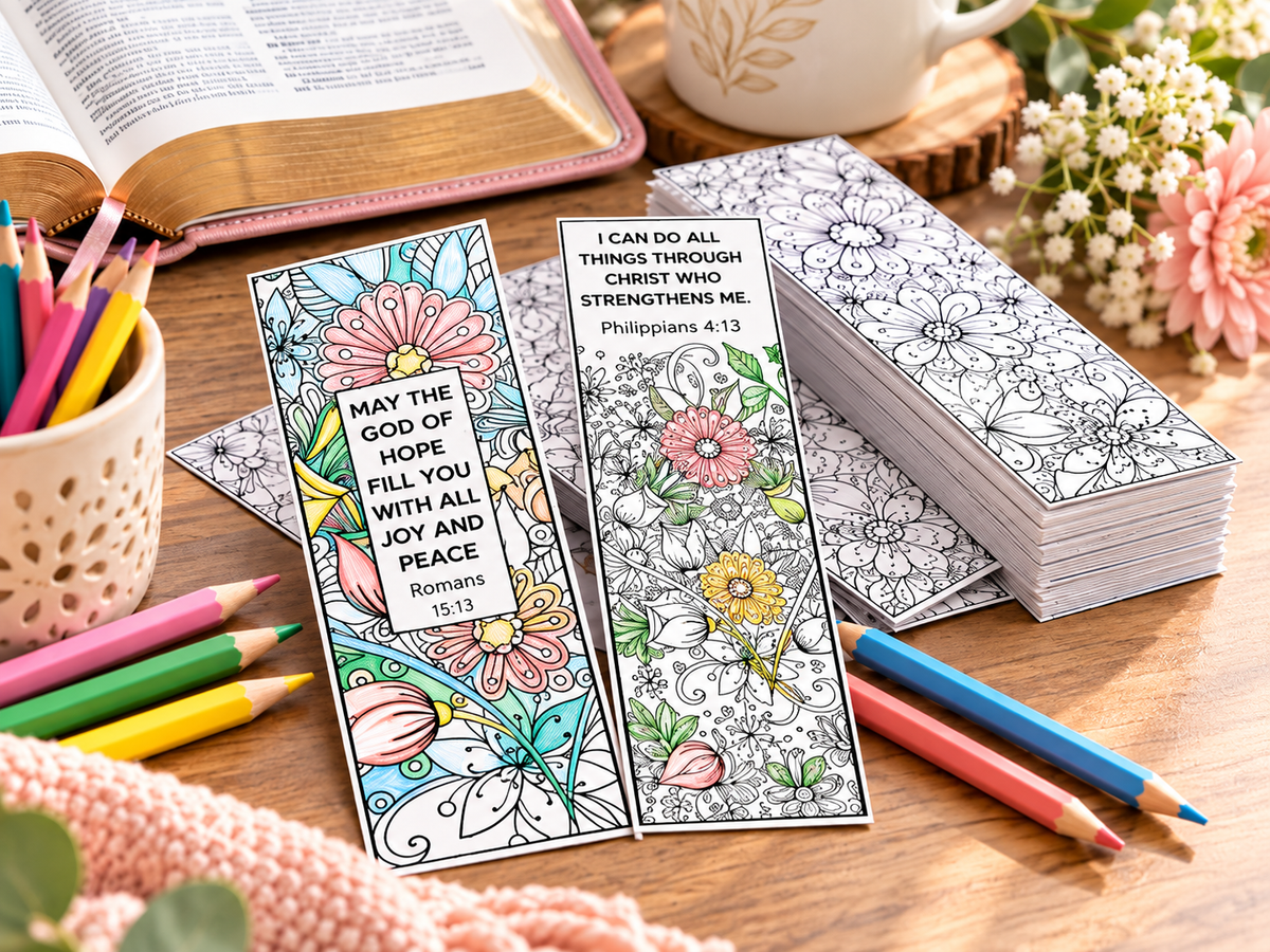 100-pack of double-sided Christian coloring bookmarks featuring Romans 15:13 and Philippians 4:13 with floral patterns.