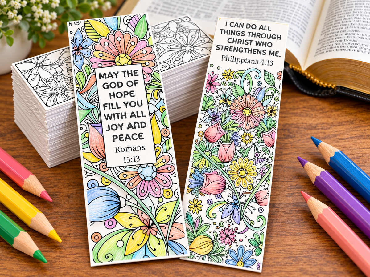 100-pack of double-sided Christian coloring bookmarks featuring Romans 15:13 and Philippians 4:13 with floral patterns.