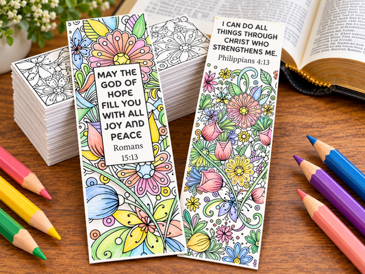 100-pack of double-sided Christian coloring bookmarks featuring Romans 15:13 and Philippians 4:13 with floral patterns.