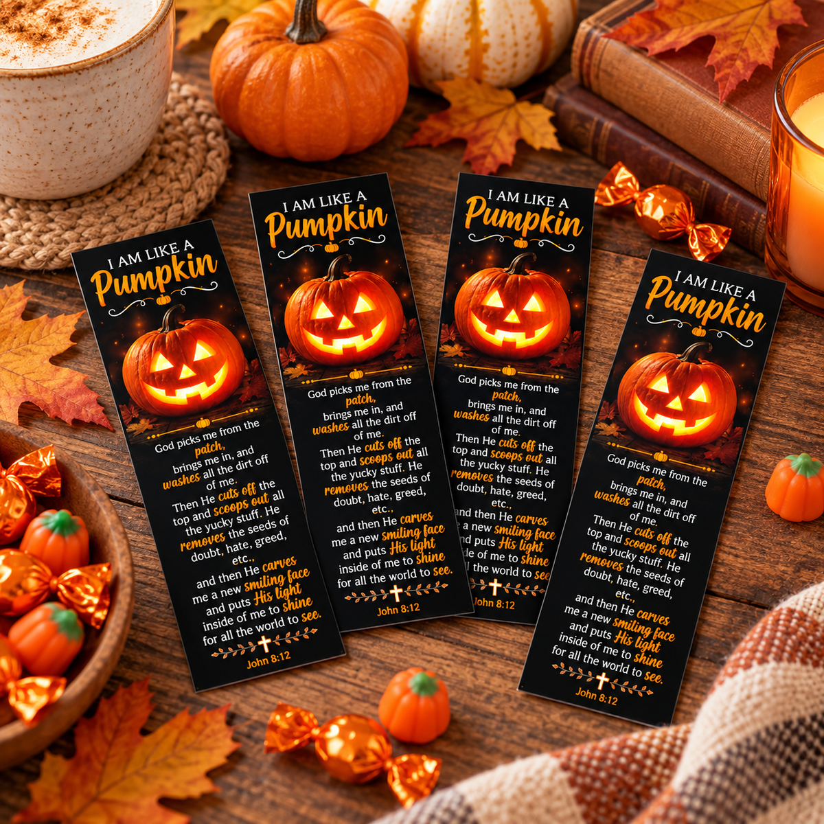 Christian Halloween bookmarks tucked inside a trick-or-treat bag alongside autumn candy and small gifts.
