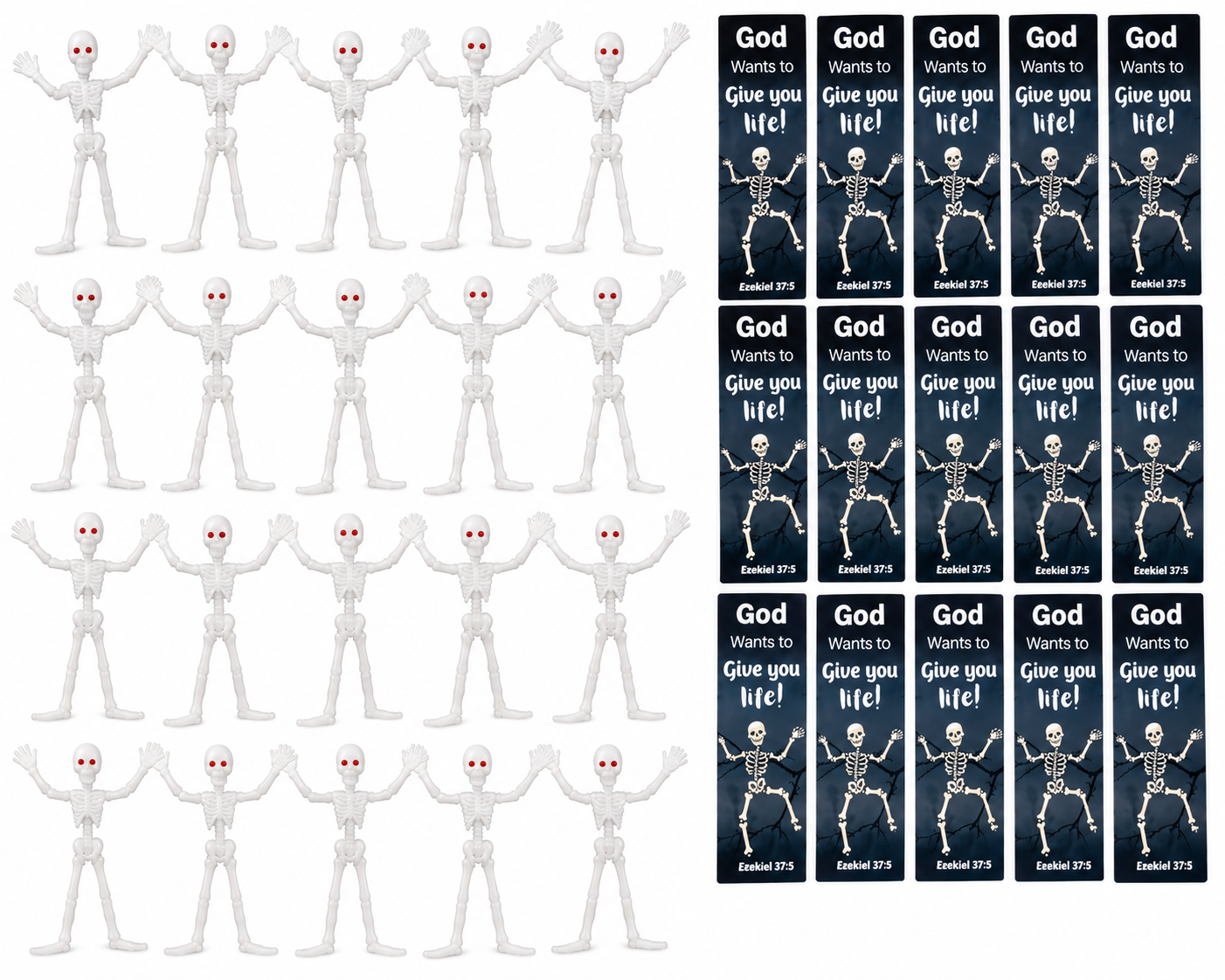 Halloween Skeleton Bendable Toy & Ezekiel 37:5 Bookmark Bundle – 24 Sets for Church Trunk-or-Treat