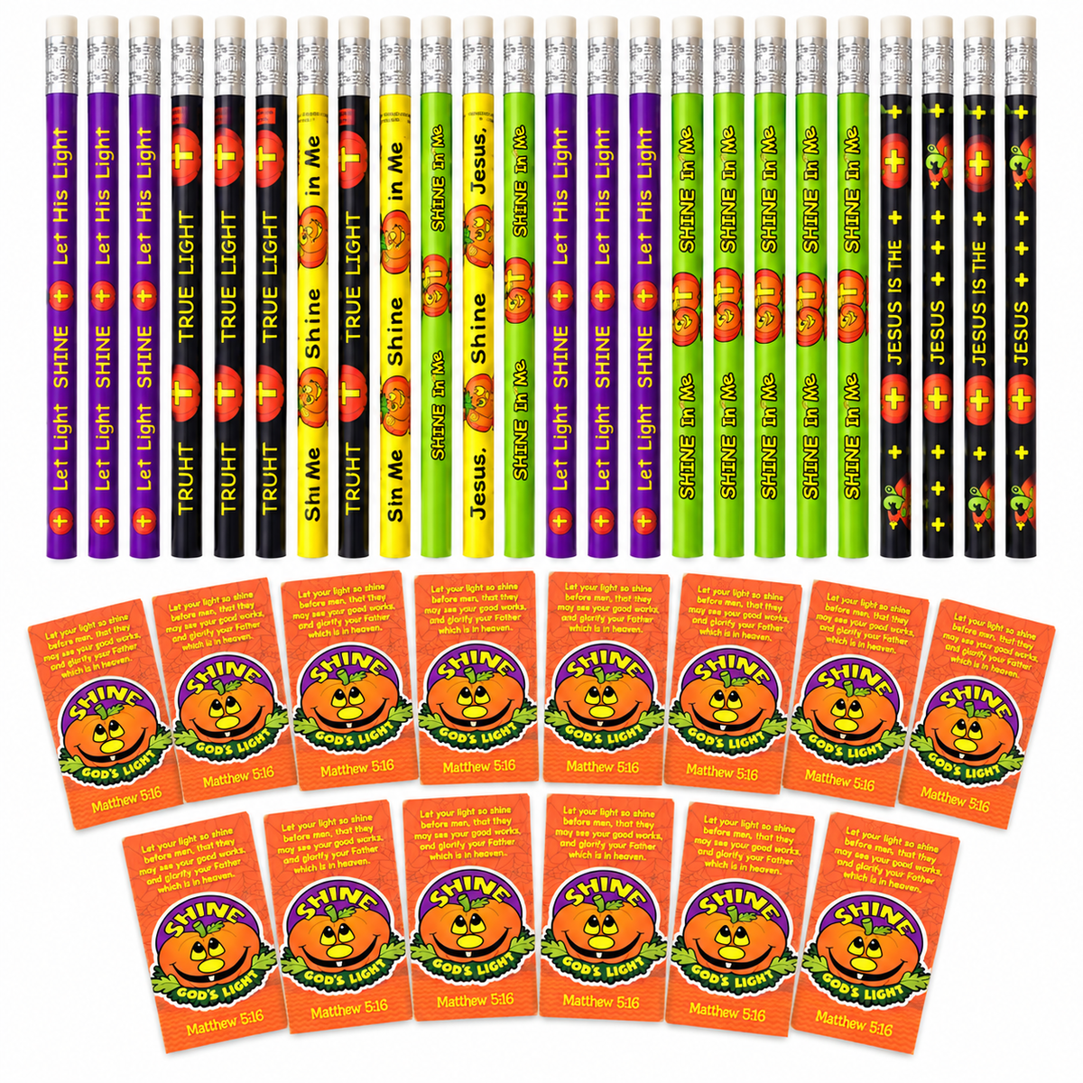 shine Christian trunk or treat pumpkin pencils and bookmarks for church handouts bulk pack