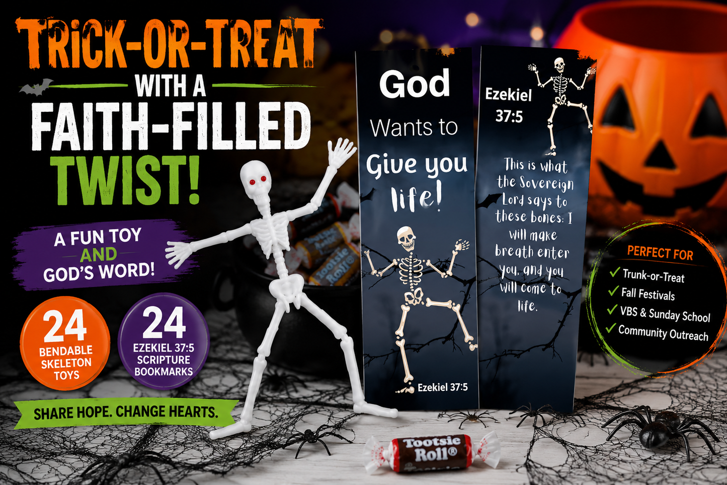 Halloween Skeleton Bendable Toy & Ezekiel 37:5 Bookmark Bundle – 24 Sets for Church Trunk-or-Treat