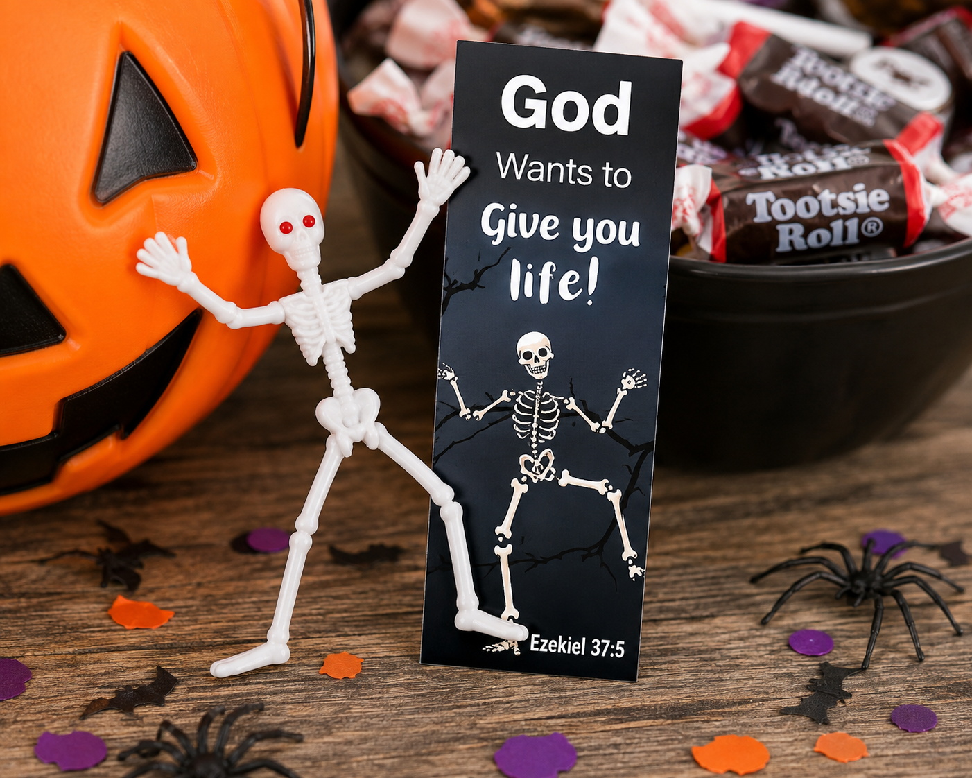 Halloween Skeleton Bendable Toy & Ezekiel 37:5 Bookmark Bundle – 24 Sets for Church Trunk-or-Treat