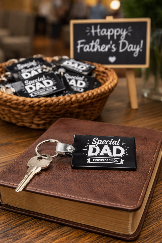 Keychain with 'Special DAD' tag on a book, with a basket of similar keychains and a 'Happy Father's Day!' sign in the background.