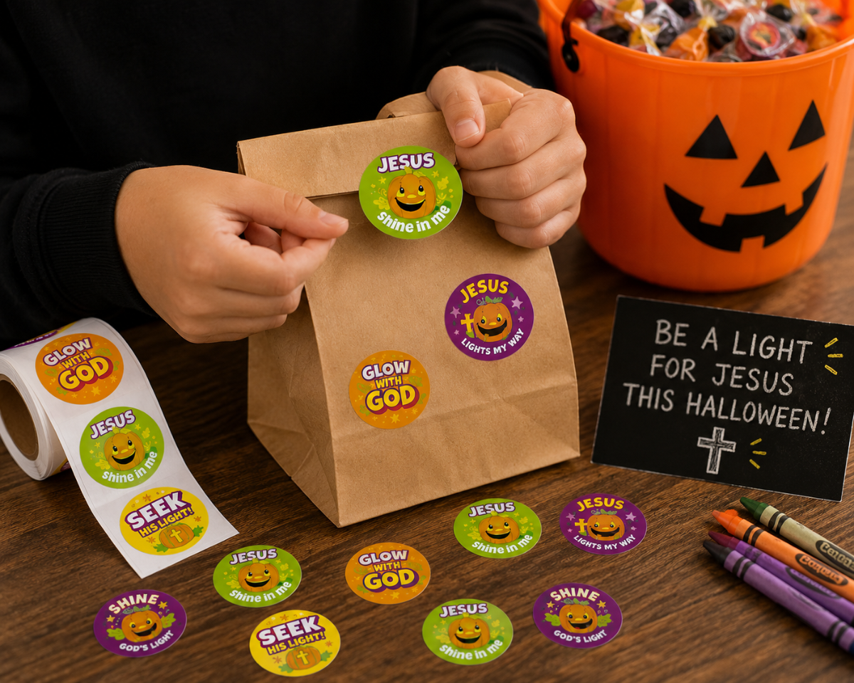 A person's hands are shown applying colorful round stickers to a brown paper bag. The stickers feature smiling pumpkins and text like 'JESUS SHINES IN ME', 'SEEK JESUS NOW', and 'GLOW GOD'.