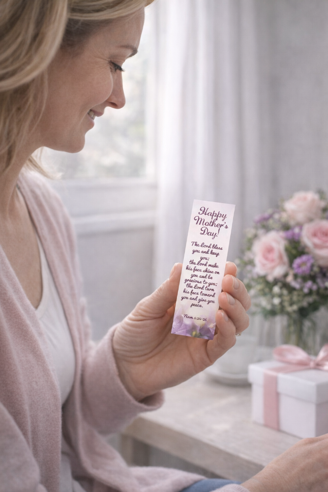 Woman holding a christian mothers day bookmark with flowers and a gift in the background