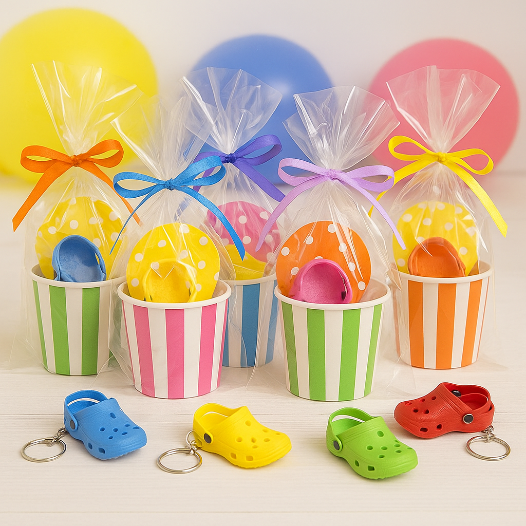Colorful sand toys and mini clog keychains in striped buckets with balloons in the background