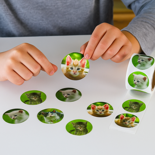 Hands arranging stickers of cats on a white surface with a person wearing a gray shirt.