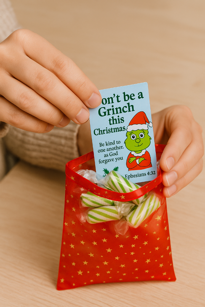 Red bag with candy and a 'Don't be a Grinch' card held by hands on a beige background
