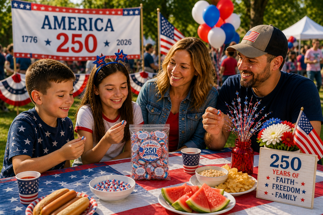 Family at a 250th anniversary celebration of America event with food and decorations.