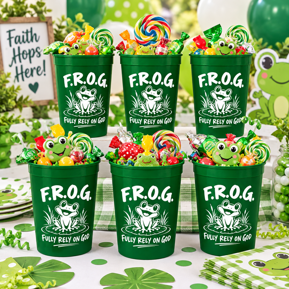 Six green plastic cups filled with colorful lollipops and candy, printed with a white frog graphic and the text 'F.R.O.G.' fully rely on God party cups bulk count.