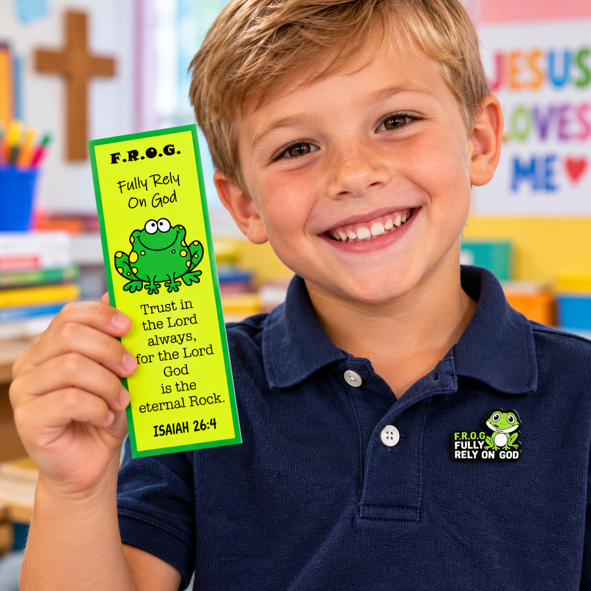 Cute boy holding a F.r.o.g. bookmark wearing a fully rely on God frog lapel pin.