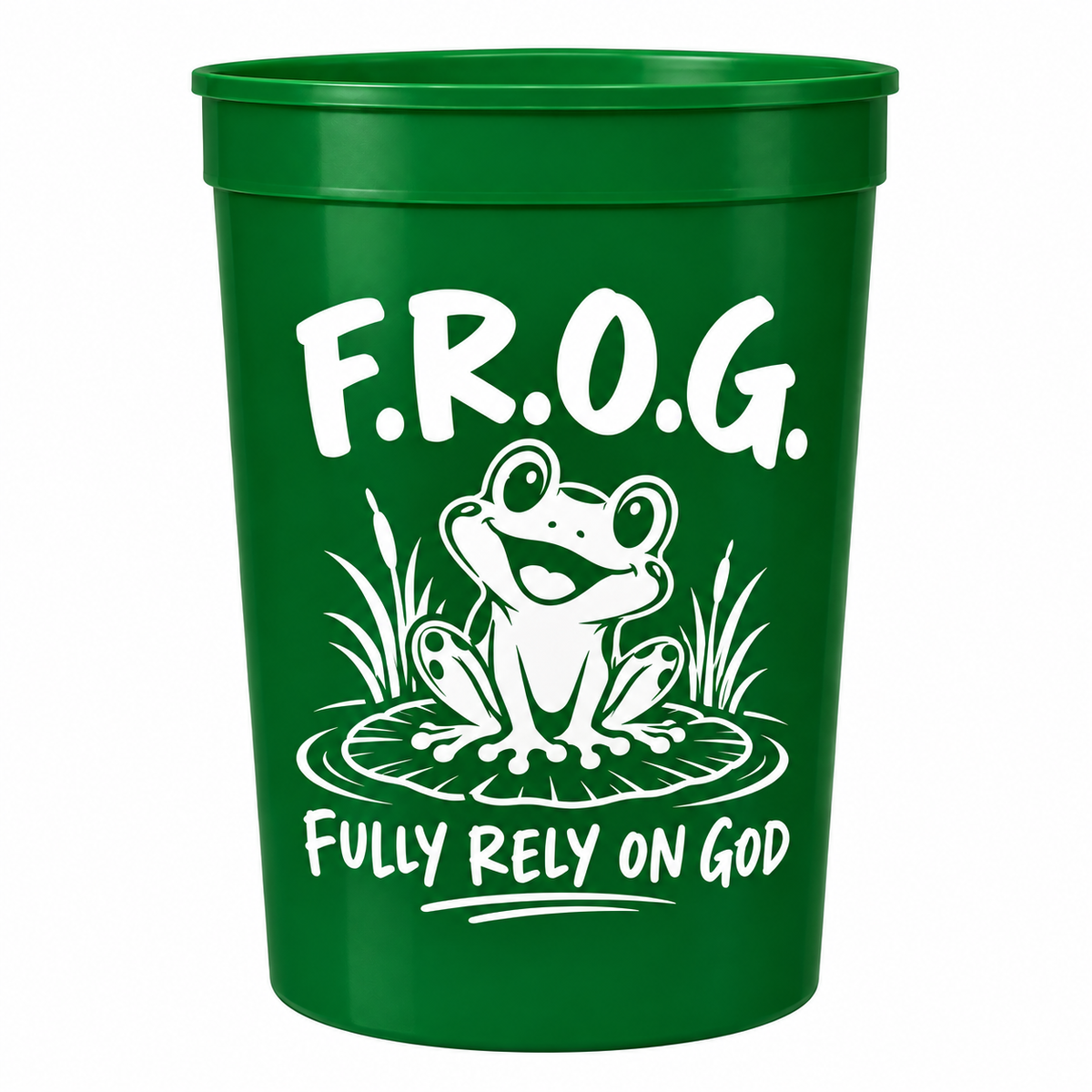A green plastic cup featuring a white graphic of a frog sitting on a lily pad with the text F.R.O.G. bulk pack of 100.