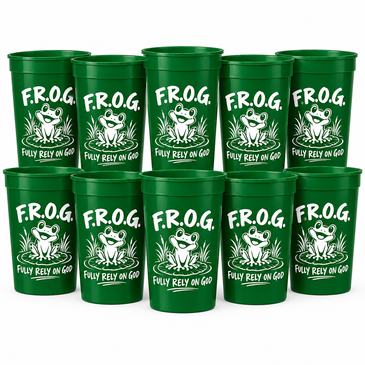 Bulk count of green plastic cups arranged in two rows on a white background, each printed with a white frog illustration and the text F.R.O.G. Fully rely on God theme.