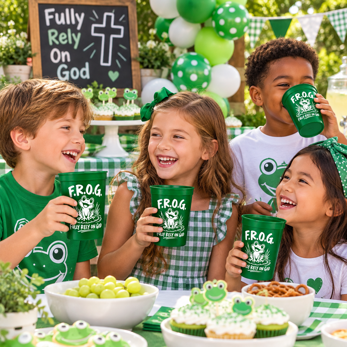 Four children celebrating at a party table, wearing green and white themed shirts and holding matching green F.R.O.G. fully rely on God themed party.