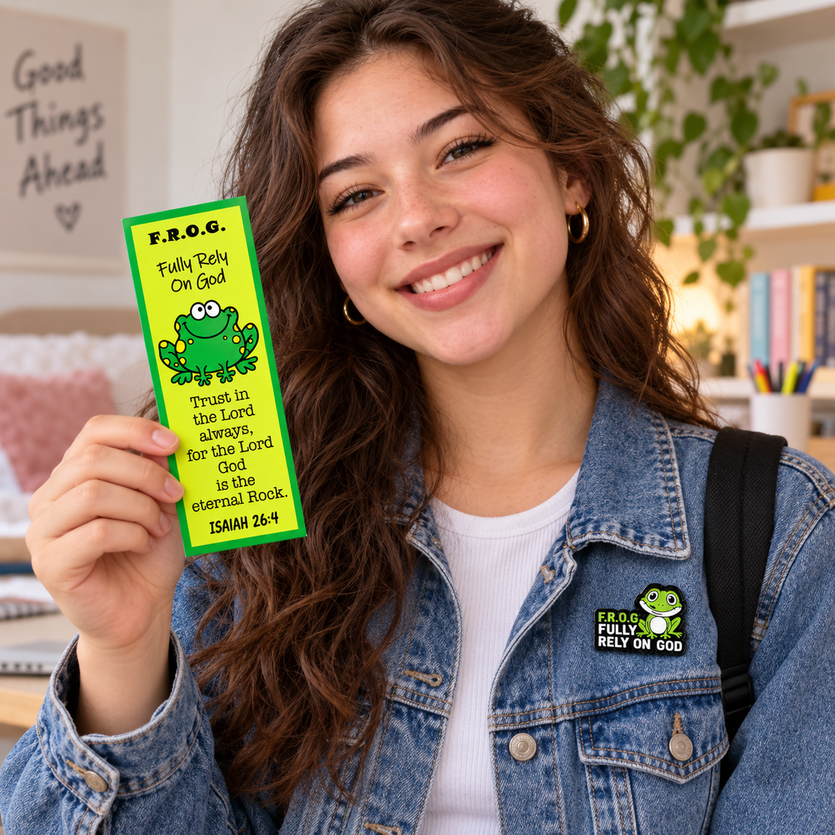 Teen girl wearing a fully rely on God frog lapel pin holding a cute frog bookmark.
