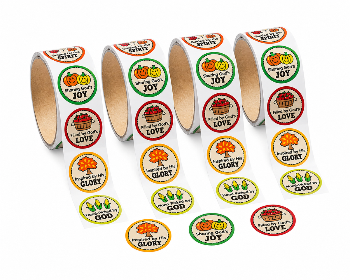 Four rolls of circular religious stickers on a white background, each roll showing different scripture phrases like 'Sharing God's JOY', 'Filled with God's LOVE', and 'Inspired by His GLORY'. The stickers feature colorful autumn-themed illustrations including pumpkins, apples, and an autumn leaf.