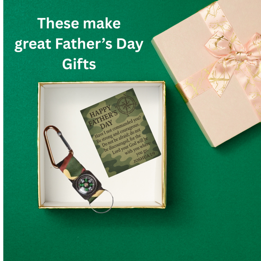 12-Pack Father’s Day Compass Keychains with Joshua 1:9 Camo Cards