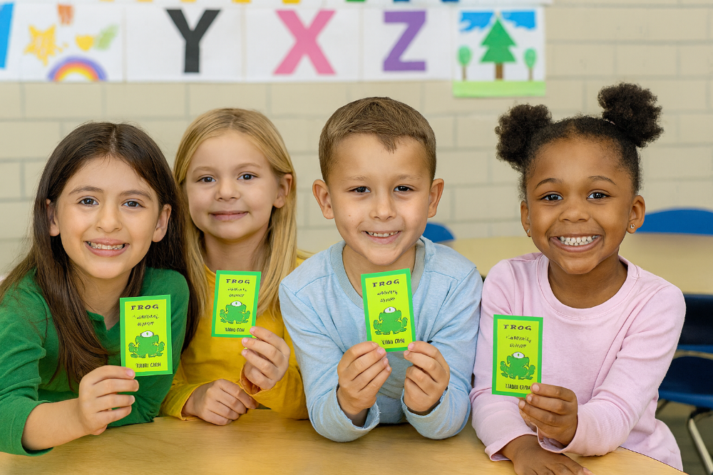 Four children holding green cards with frog illustrations in a classroom setting.