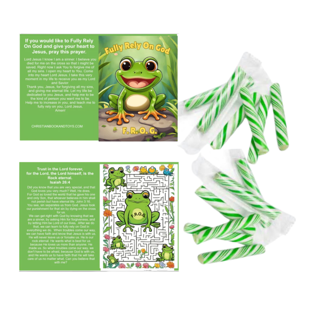 Christian F.R.O.G. (Fully Rely On God) Bible tracts with maze activity and salvation prayer, paired with green apple candy sticks for outreach or Halloween giveaways