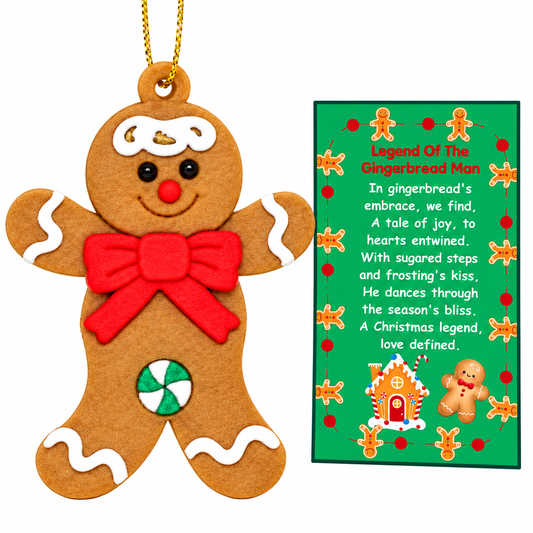  A bulk retail set of 24 pieces of 3-inch plastic gingerbread man Christmas ornaments arranged neatly alongside matching holiday cards reading "The Legend of the Gingerbread Man."