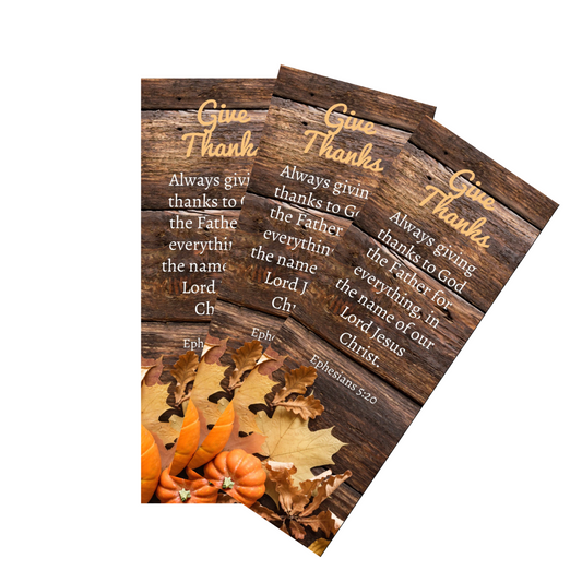 Three rustic Thanksgiving thank-you cards with a weathered wood background, featuring gold 'Give Thanks' lettering, white scripture text, and autumn leaves and pumpkins along the bottom.