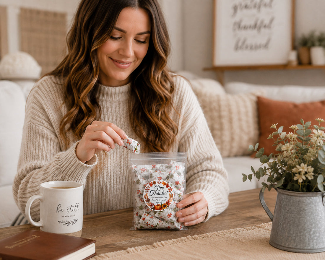 A woman in a cozy living room setting, holding a clear bag of 'give thanks to the Lord thanksgiving candy 