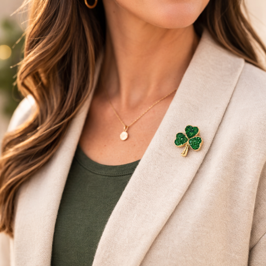 Woman wearing a beige blazer with a green shamrock brooch.