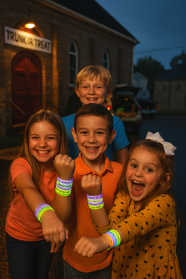 Four children posing together in front of a building with a 'Trunk or Treat' sign.
