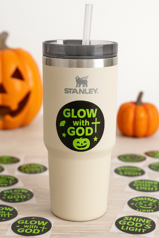 Glow with God Christian Pumpkin Stickers – 1.5” Glow-in-the-Dark Halloween Sticker Roll (200 Pieces, 2 Rolls of 100)