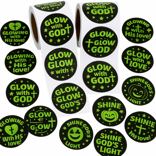 Glow with God Christian Pumpkin Stickers – 1.5” Glow-in-the-Dark Halloween Sticker Roll (200 Pieces, 2 Rolls of 100)
