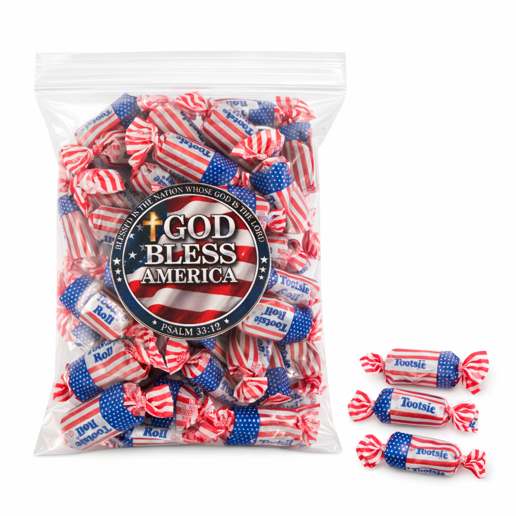 Bag of Tootsie Roll candies with 'God Bless America' label on a white background