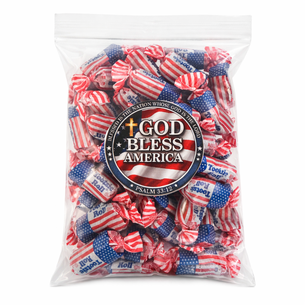 Bag of red, white, and blue candies with 'God Bless America' label on a white background