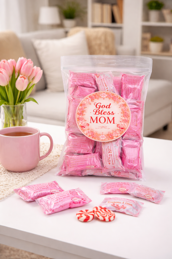 Pink candy package with 'God Bless Mom' label on a table with a cup and flowers.
