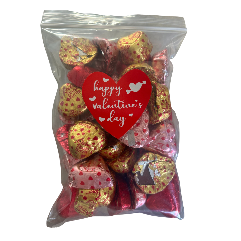 Bag of Valentine's Day-themed candies with a heart-shaped 'Happy Valentine's Day' label.