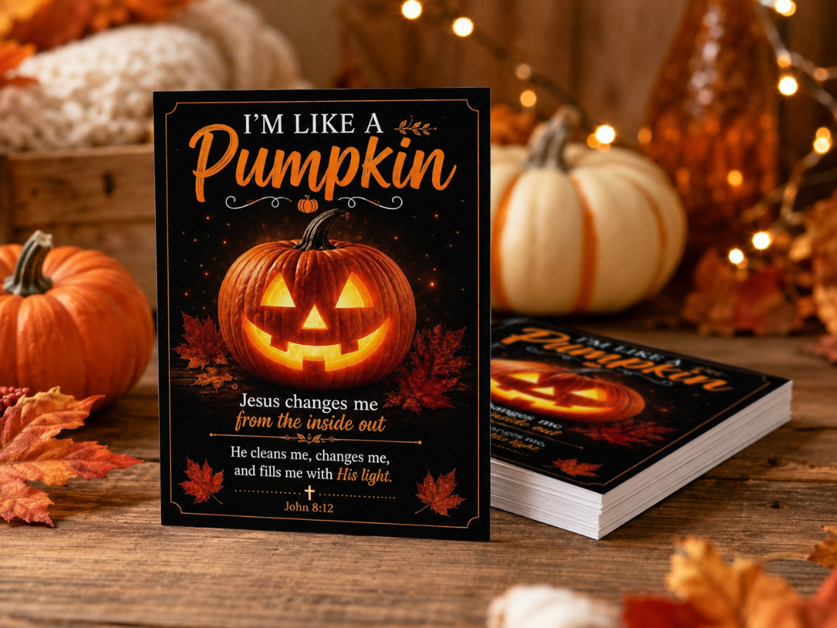A stack of I am like a pumpkin gospel tracts featuring a Halloween-themed design with the title 'I'm Like a Pumpkin' and an illustrated glowing jack-o'-lantern on a black background. The books are styled on a wooden surface with pumpkins, autumn leaves, and warm string lights in the background.
