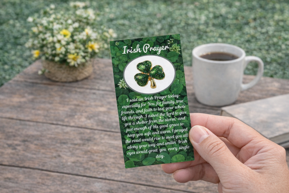 Hand holding a card with an Irish prayer and shamrock design on a wooden table with flowers and coffee.