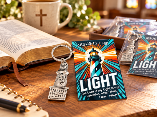 12 Jesus Is the Light Lighthouse Christian Keychains with Prayer Cards