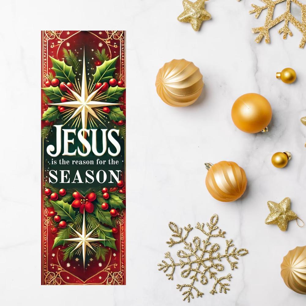 Christmas-themed card with 'Jesus is the reason for the season' text, surrounded by gold ornaments and snowflakes on a white background.