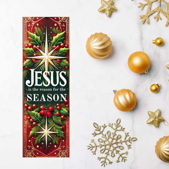 Christmas-themed card with 'Jesus is the reason for the season' text, surrounded by gold ornaments and snowflakes on a white background.