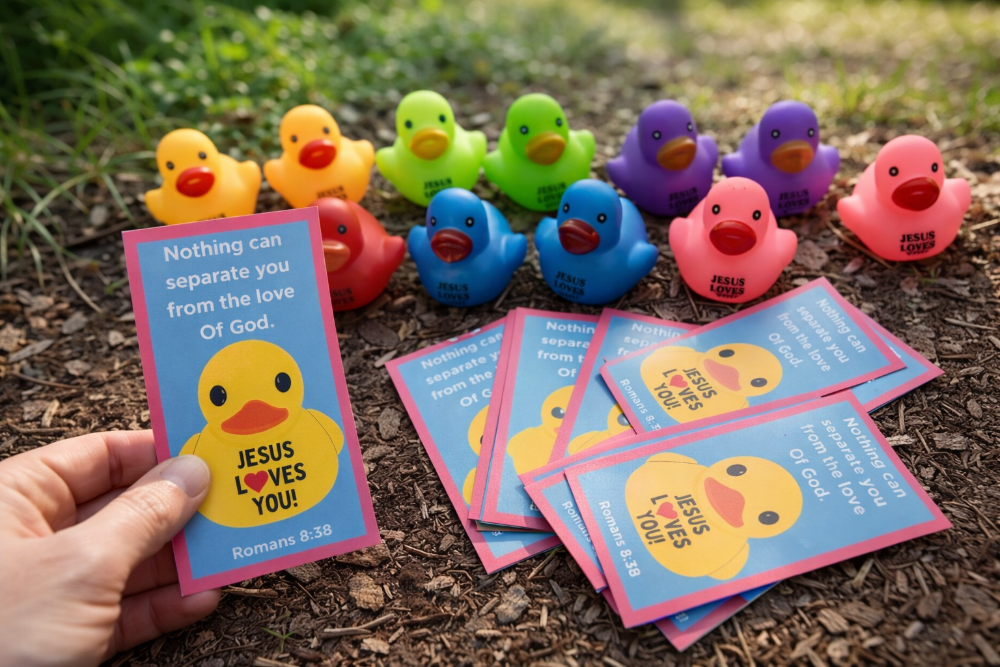 Colorful rubber duckies with matching cards on a grassy background