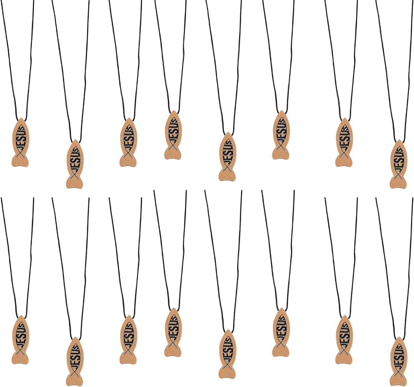 Bulk 24 Count Christian Jesus Fish Necklaces Wooden Ichthus Pendant