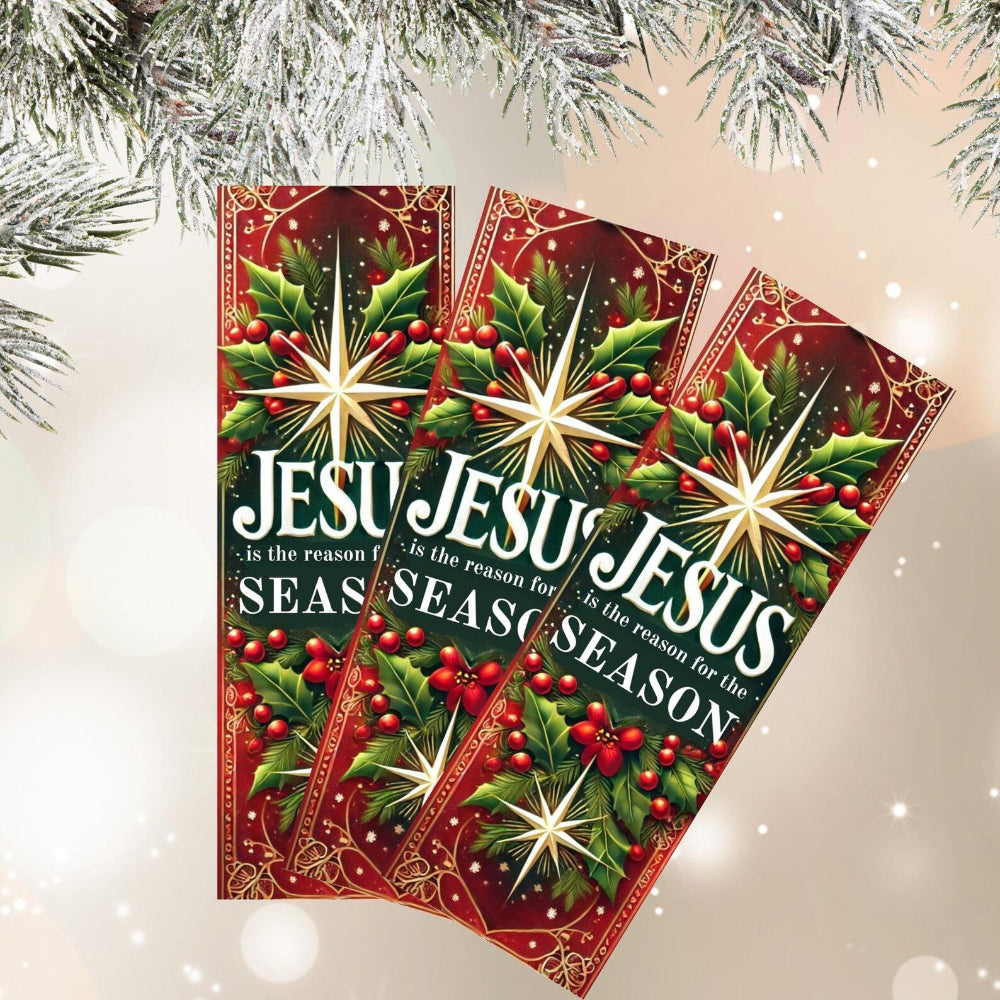 Three Christmas cards with 'Jesus is the reason for the season' text and holly design.