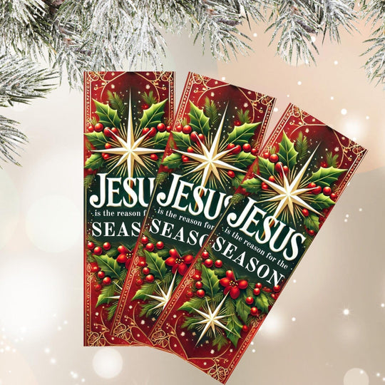 Three Christmas cards with 'Jesus is the reason for the season' text and holly design.