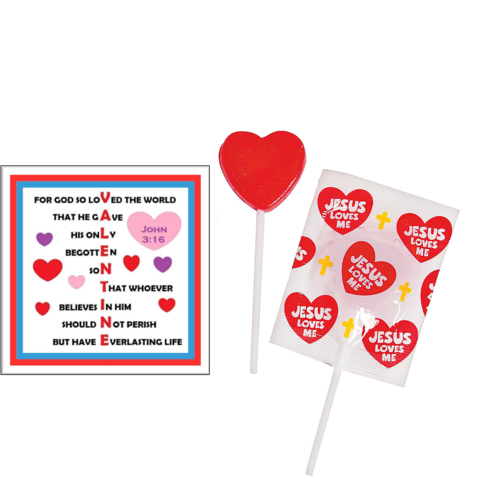 Heart-shaped lollipop and 'Jesus Loves Me' stickers with a religious text card on a white background