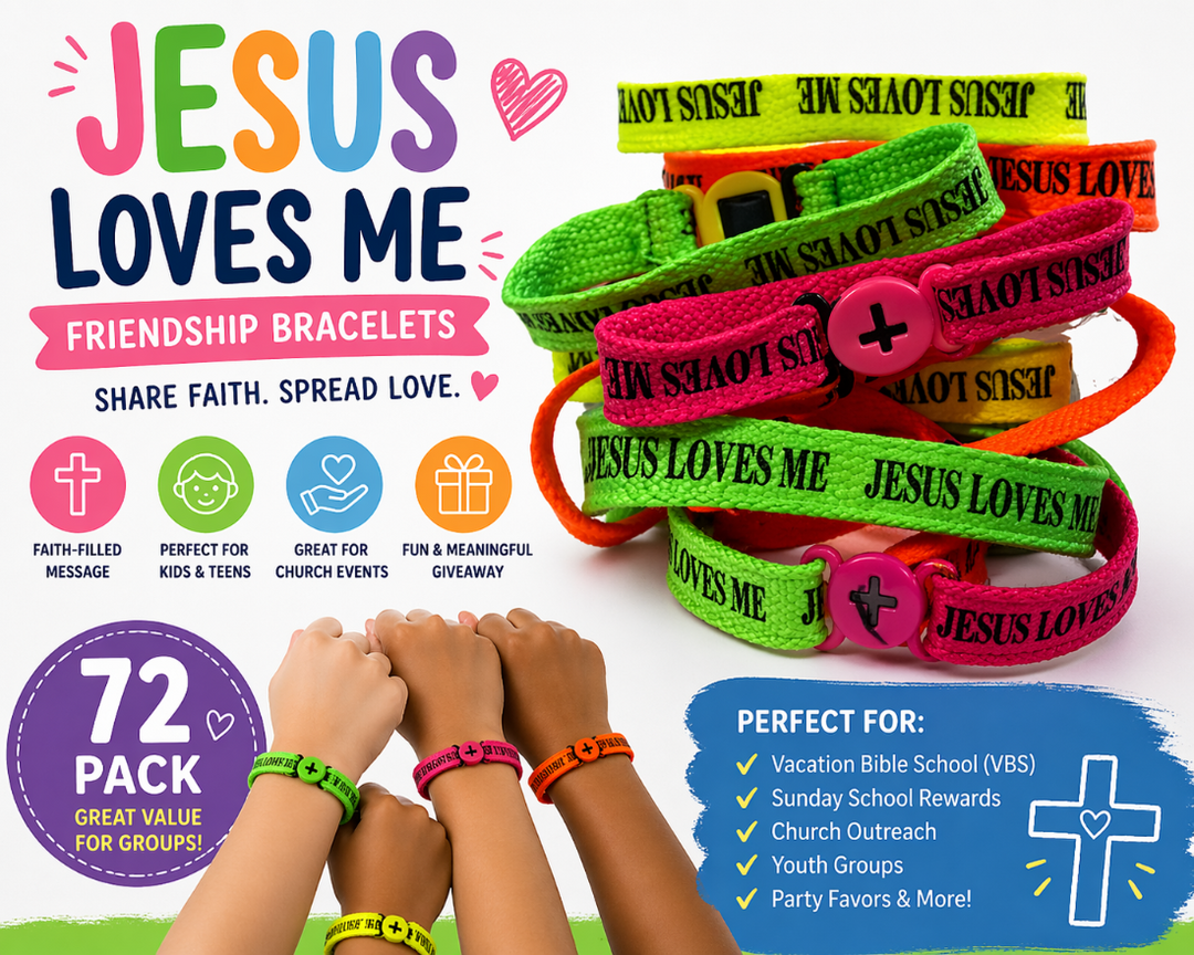 Colorful 'Jesus Loves Me' friendship bracelets with text about sharing faith and spreading love.