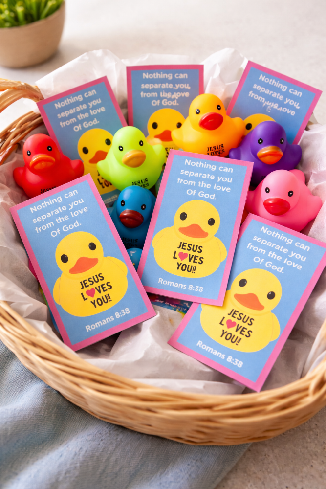 Basket of rubber ducks and 'Jesus Loves You' cards with religious text.